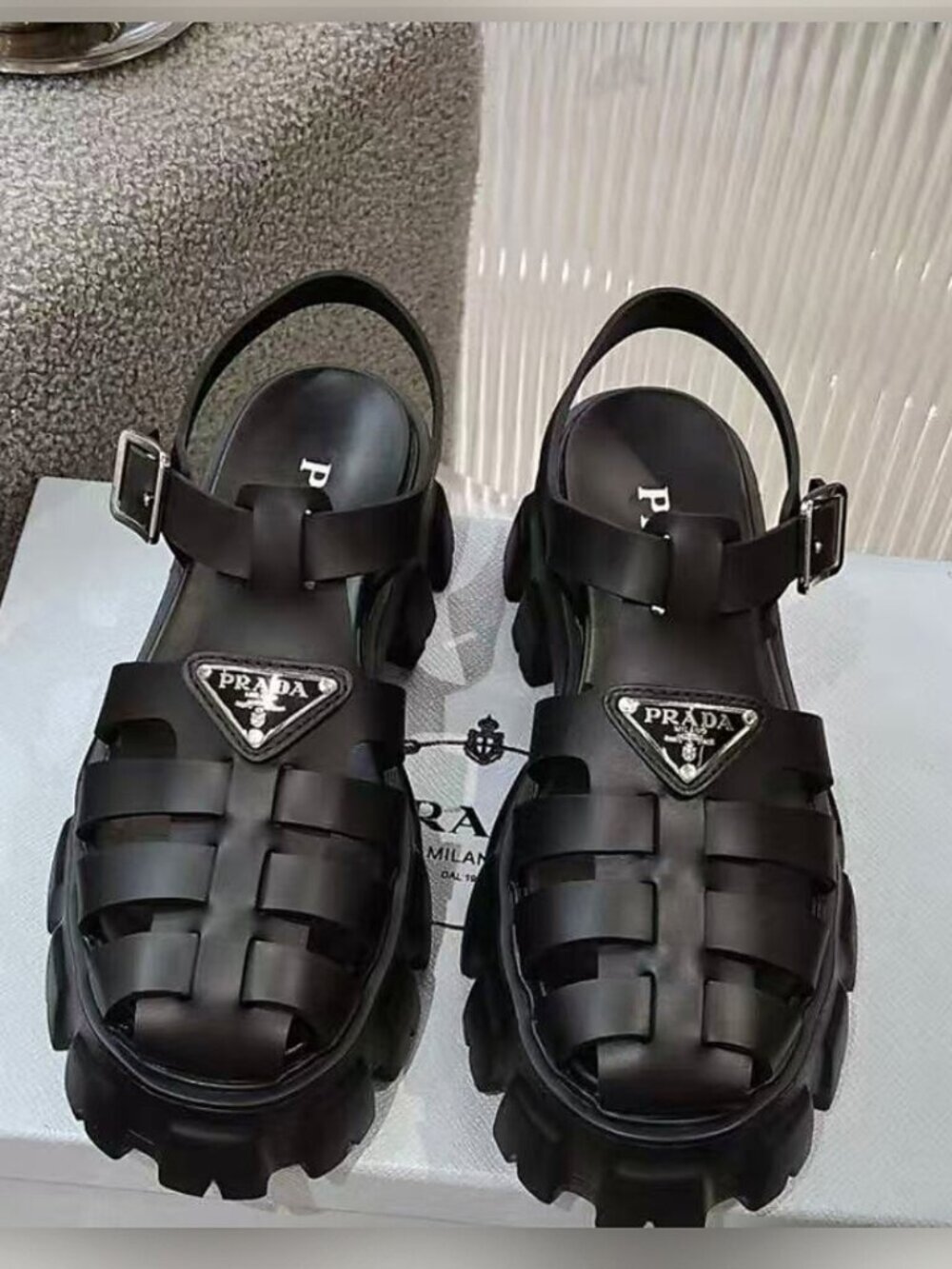Prada Monolith Black Fisherman Cage Lug Sole Platform Sandals